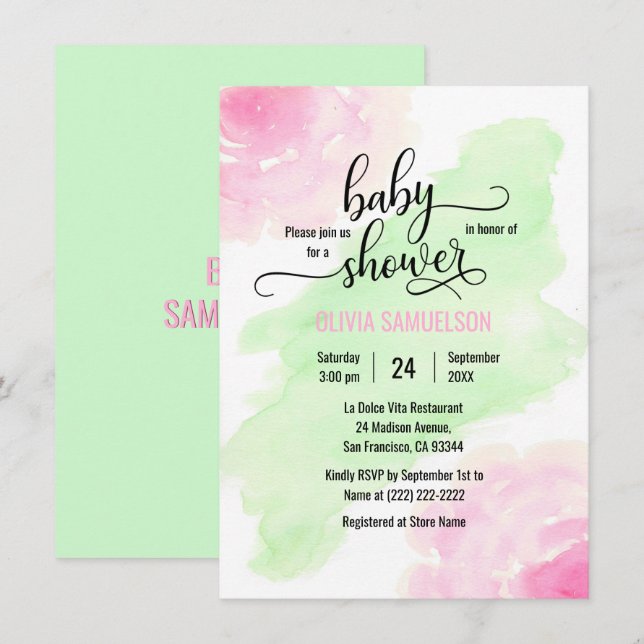 Watercolor Roses Pink & Mint Green Baby Shower Invitation (Front/Back)