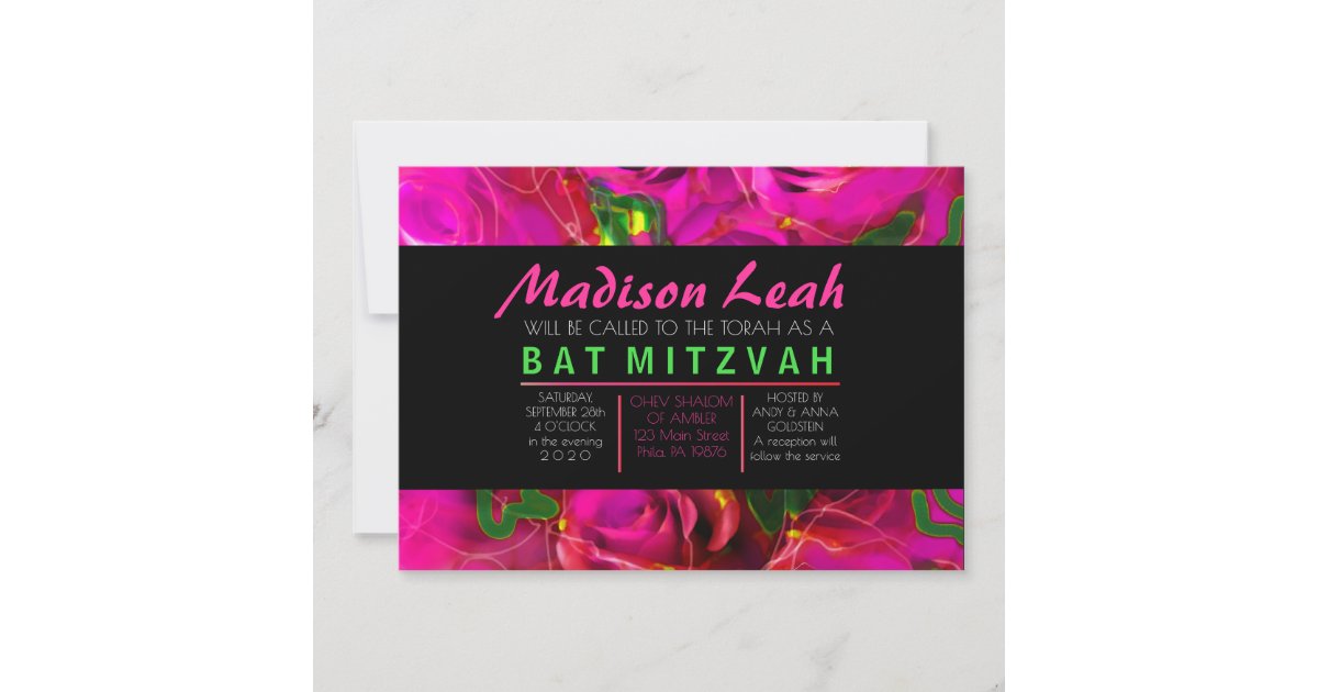 WATERCOLOR ROSES PINK NEON Bat Mitzvah Invitation | Zazzle