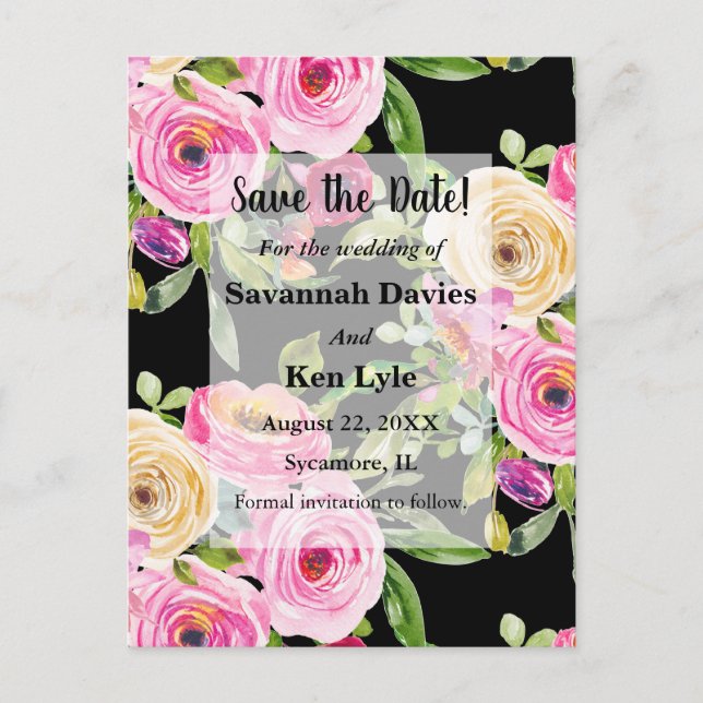 Watercolor Roses Pink on Black Save the Date Postcard (Front)