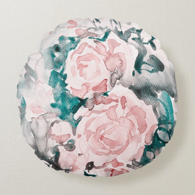 Watercolor Roses Pink, Teal, Grey Round Pillow (Front)