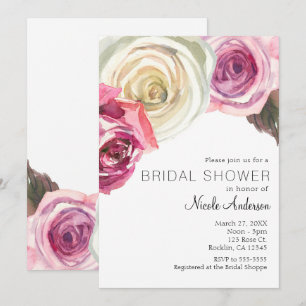 Watercolor Roses Pink & White Chic Bridal Shower Invitation