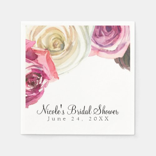 Watercolor Roses Pink  White Chic Bridal Shower Napkins