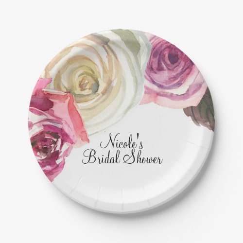 Watercolor Roses Pink  White Chic Bridal Shower Paper Plates