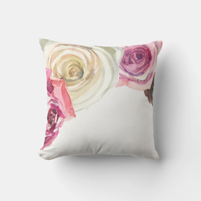 Watercolor Roses Pink & White Floral Glam Throw Pillow (Front)