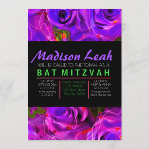 WATERCOLOR ROSES PURPLE NEON Bat Mitzvah Invitation