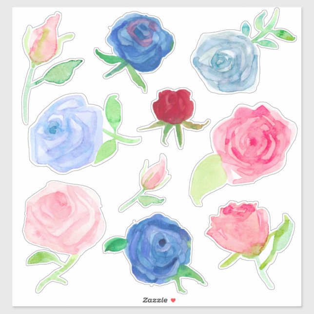 Watercolor Roses Red Blue Pink Grey Sticker (Sheet)