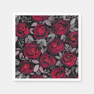 Watercolor roses, red roses on black napkins