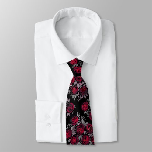 Watercolor roses red roses on black neck tie