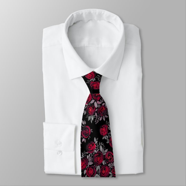 Watercolor roses, red roses on black neck tie (Tied)