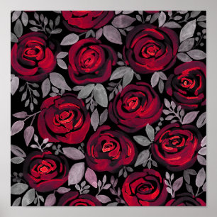 Watercolor roses, red roses on black poster