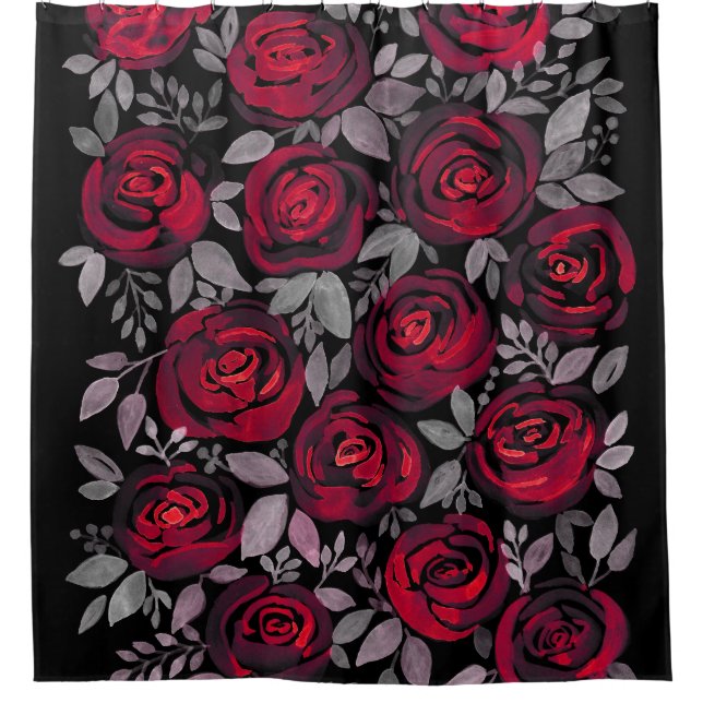 Watercolor roses, red roses on black shower curtain (Front)