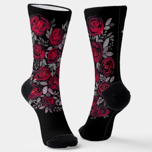 Watercolor roses red roses on black socks