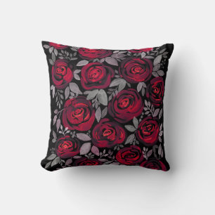 Watercolor roses, red roses on black throw pillow
