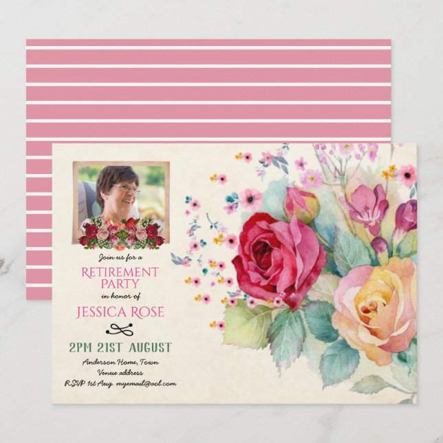 Watercolor Roses RETIREMENT PHOTO Invites Pink (Front/Back)