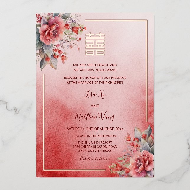 Watercolor Roses Rose Gold Chinese Wedding Foil Invitation (Front)