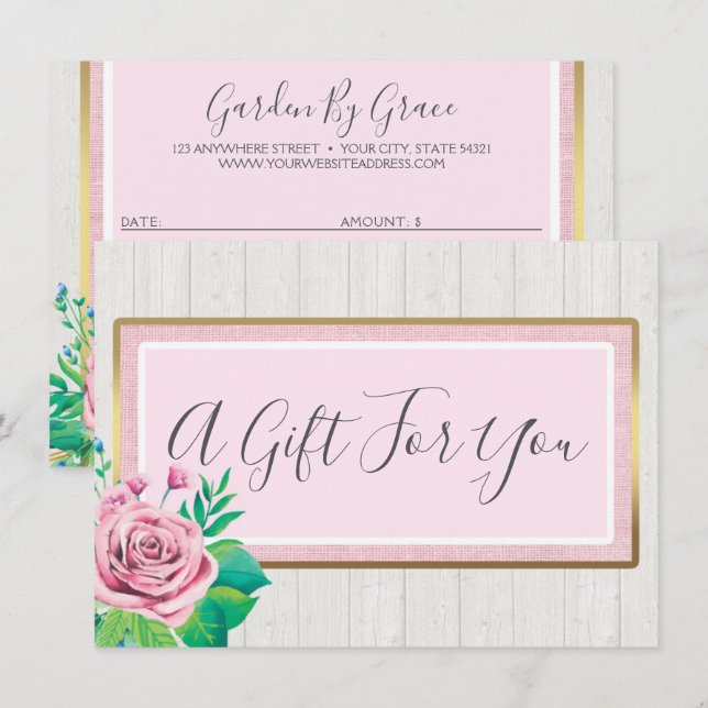 Watercolor Roses Rustic Wood Gift Certificate Card (Front/Back)