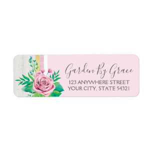 Watercolor Roses & Rustic Wood Pink Return Address Label