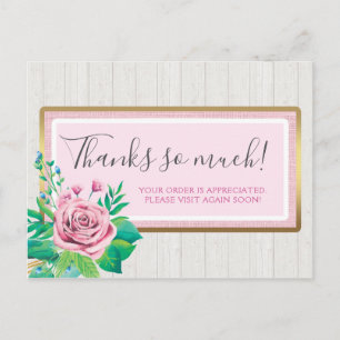 Watercolor Roses & Rustic Wood Pink Thank You Postcard