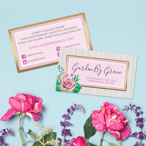 Watercolor Roses  Rustic Wood Shabby Chic Cottage Business Card