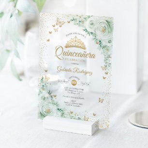 Watercolor Roses Sage Green Floral Quinceanera Acrylic Invitations