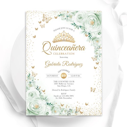 Watercolor Roses Sage Green Floral Quinceanera Invitation