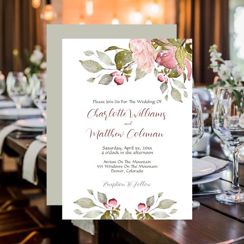 Watercolor Roses Soft Pink Green Garden Wedding Invitation