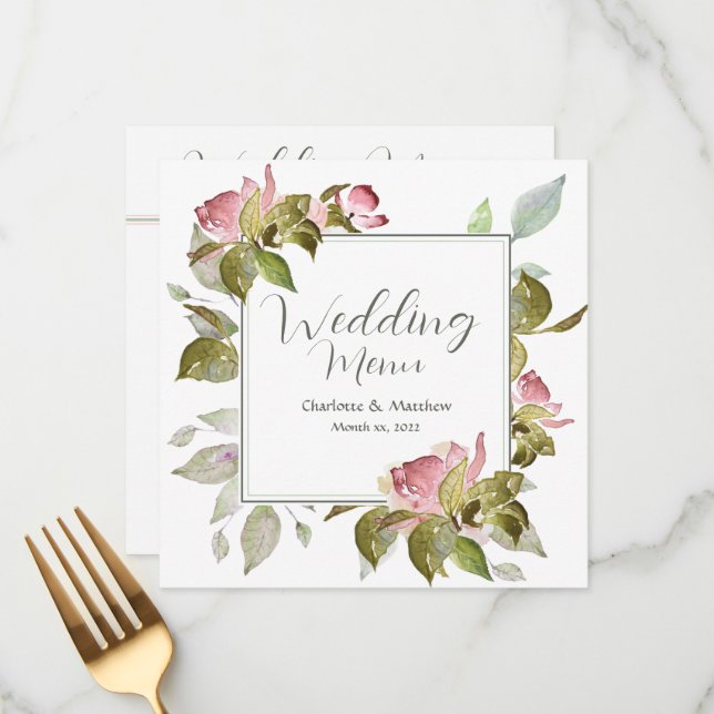 Watercolor Roses Soft Pink Wedding Menu (Front/Back In Situ)