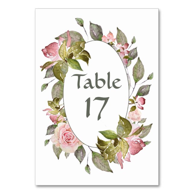 Watercolor Roses Soft Pink Wedding Table Number (Front)