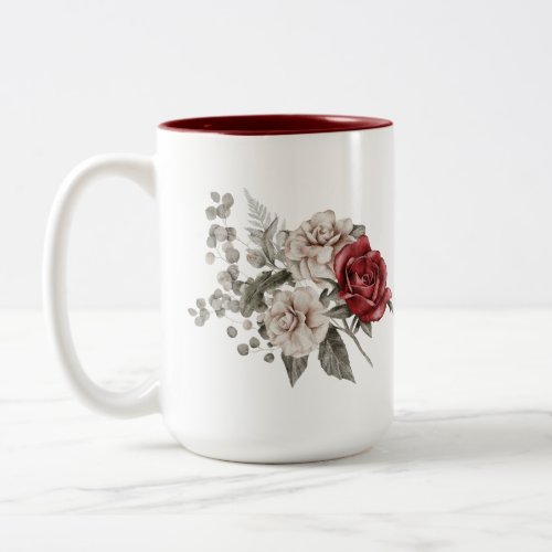 Watercolor Roses Spring Bouquet  Love Quote Two_Tone Coffee Mug