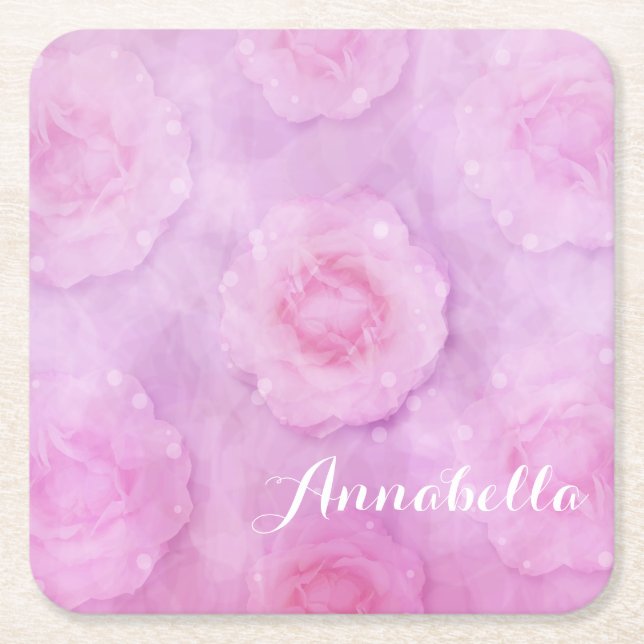 Watercolor roses square paper coaster (Front)