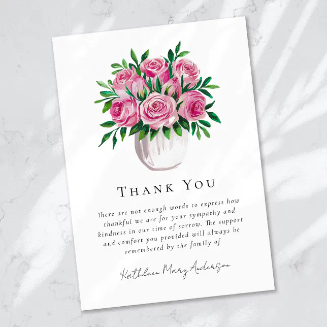 Watercolor Roses Sympathy Funeral Thank You Card | Zazzle