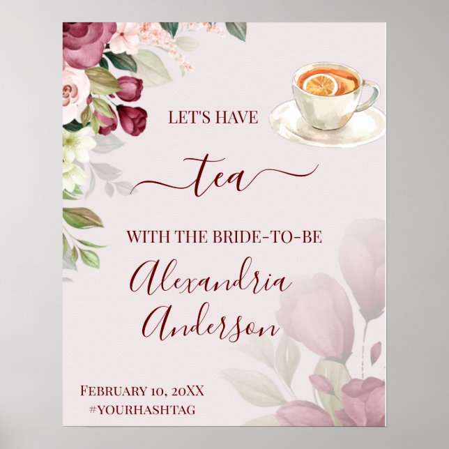 Watercolor Roses Tea Bridal Shower Welcome Sign (Front)