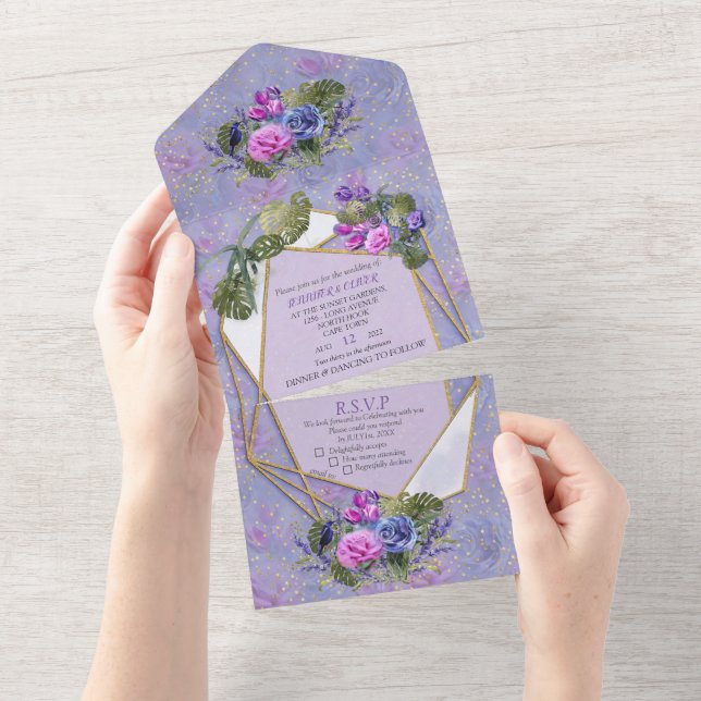 Watercolor Roses & Tulips with Gold  All In One Invitation (Tearaway)