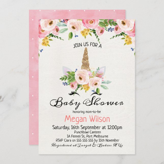 Watercolor Roses Unicorn Baby Shower Invitation (Front/Back)