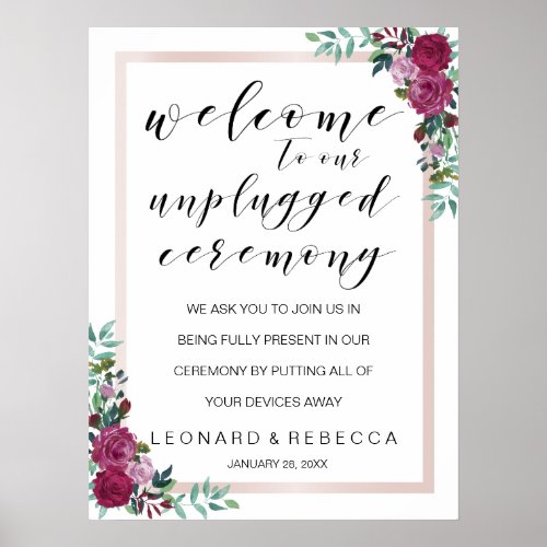 Watercolor roses unplugged ceremony sign