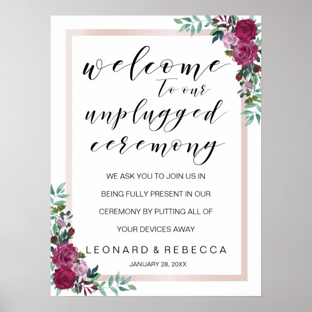 Watercolor roses unplugged ceremony sign (Front)