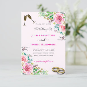 Watercolor Roses Wedding Invitation with Rings