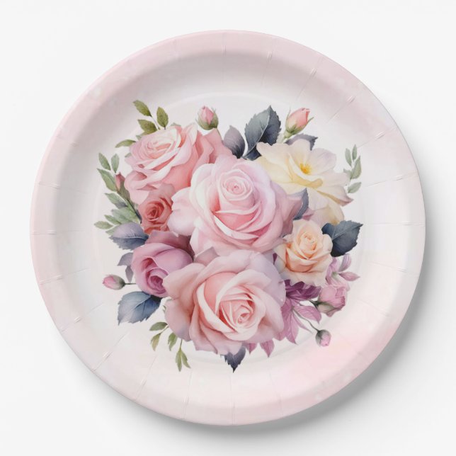 Watercolor Roses Wedding Paper Plates (Front)