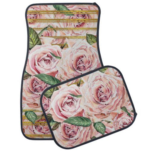 Watercolor Roses with gold glitter stripes Car Floor Mat