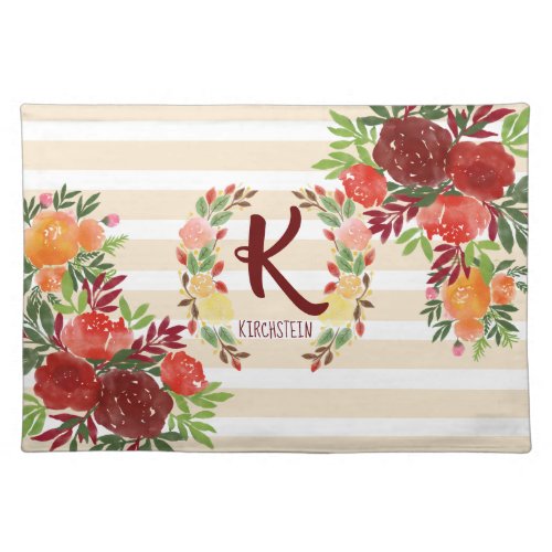 Watercolor Roses Wreath Champagne Stripes Monogram Cloth Placemat