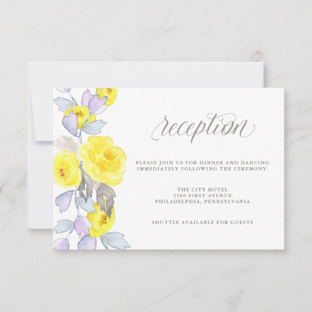 Watercolor Roses Yellow Purple and Gray Reception Invitation (Front)