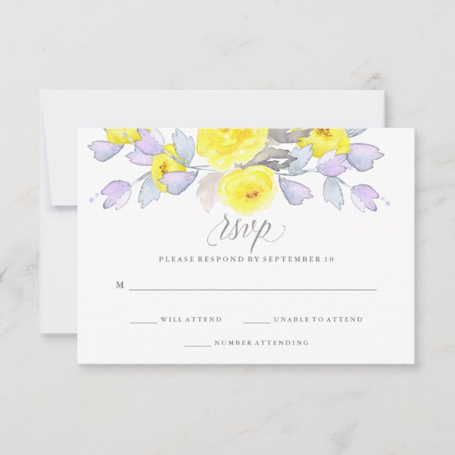 Watercolor Roses | Yellow Purple and Gray | RSVP (Front)
