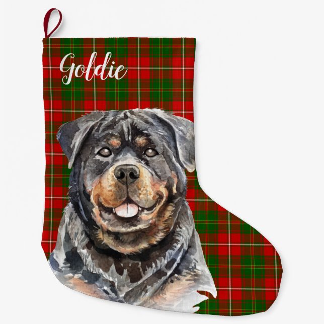 Watercolor Rottweiler Dog Personalized Large Christmas Stocking (Front)