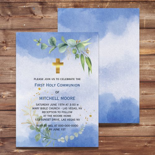 Watercolor Royal Baby Blue First Holy Communion  Invitation