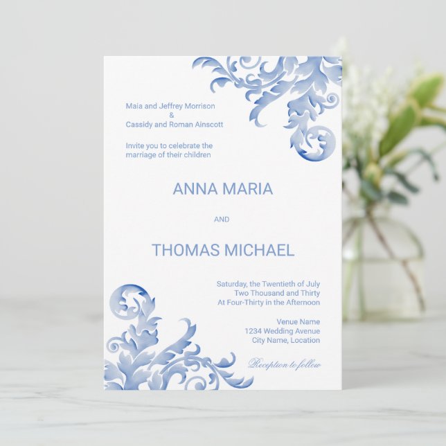 Watercolor Royal Blue Flourish Wedding Invitation (Standing Front)