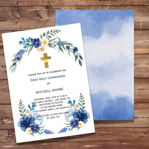 Watercolor Royal Blue Flower First Holy Communion  Invitation