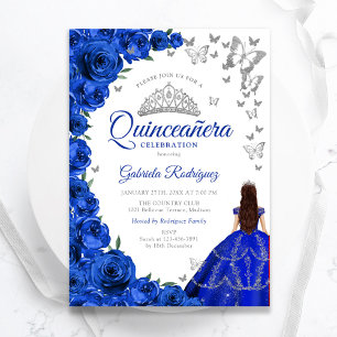 Watercolor Royal Blue Roses Floral Quinceanera Invitation