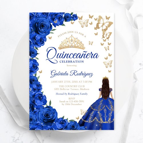 Watercolor Royal Blue Roses Floral Quinceanera Invitation
