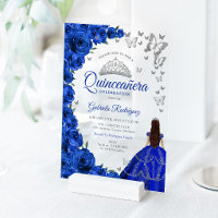 Watercolor Royal Blue Roses Silver Quinceanera