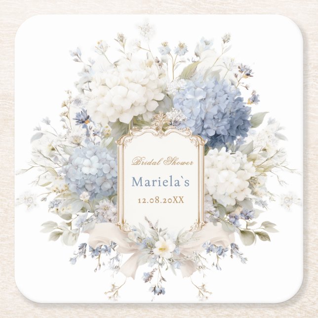  Watercolor Royal Botanique Hydrangea Bridal showe Square Paper Coaster (Front)